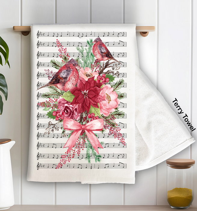 Christmas Red Cardinals Musical Notes Kitchen Terry Towel