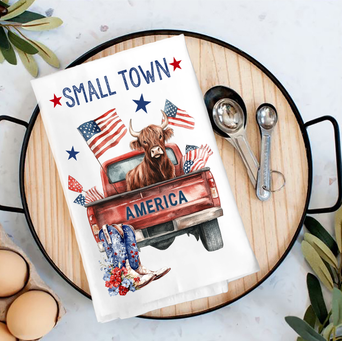 Small Town American Patriotic Cow Tea Towel