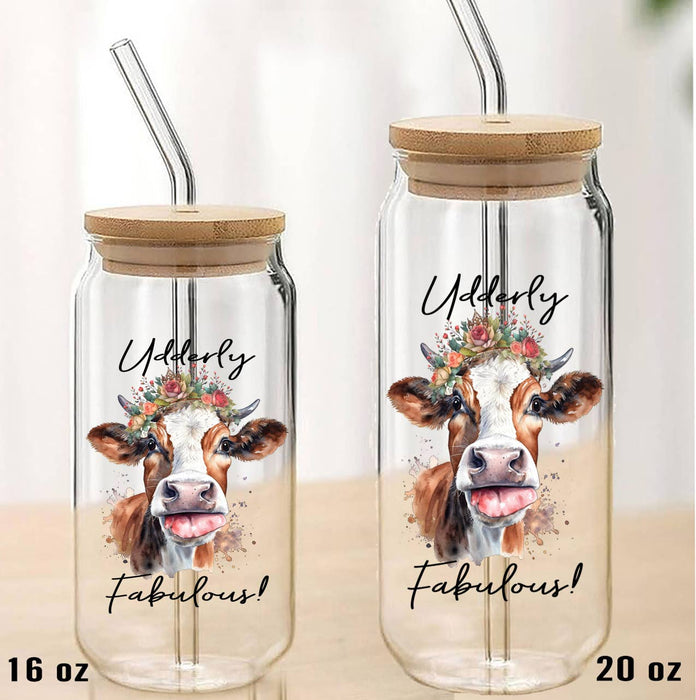 Udderly Fabulous Cow Country Can Glass with Lid Straw