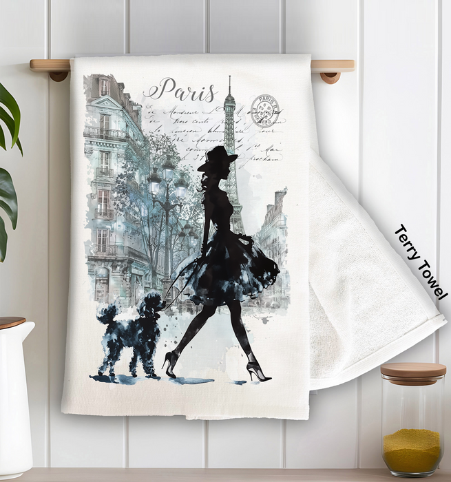 Paris French Girl Walking Dog Kitchen Terry Towel