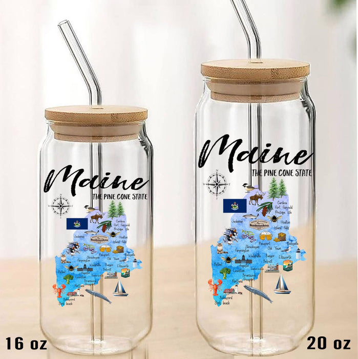 Maine State Map Can Glass with Lid and Straw