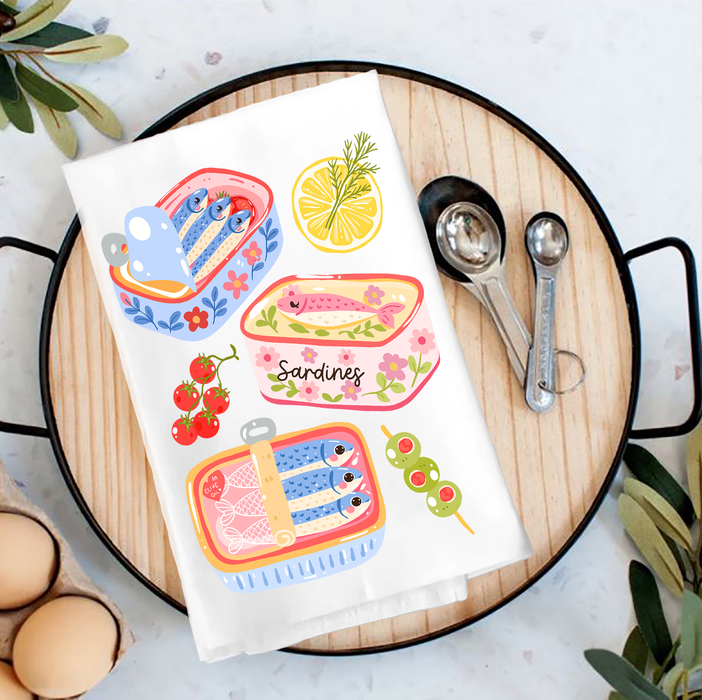 Cute Sardines in Tin fish Coastal Tea Towel