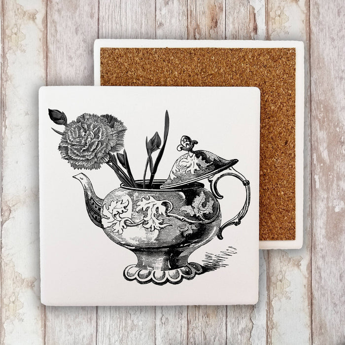 Tea Pot with Flowers, Stone Coaster - TT-3003