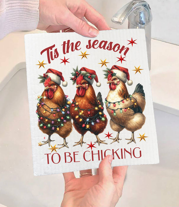 Christmas Tis Season To be Chicking Swedish Dishcloth