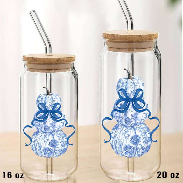 Fall Chinoiserie Blue & White Can Glass with Lid Straw
