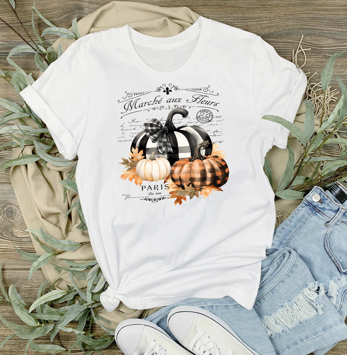 Fall French Black white Checkered Pumpkins T-Shirt