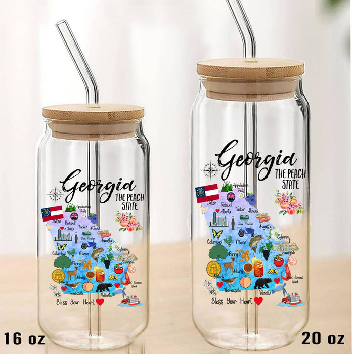 Georgia State Map Can Glass with Lid and Straw