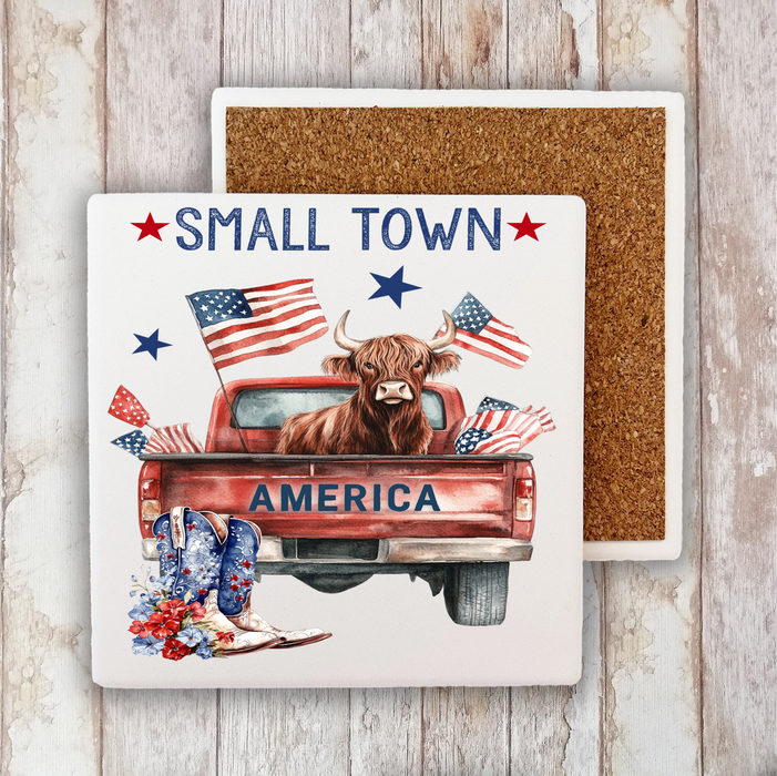 Small Town American Patriotic Cow Stone Coaster