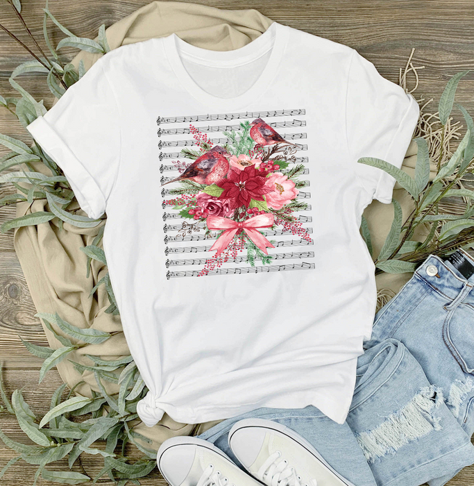 Christmas Red Cardinals Musical Notes T-Shirt