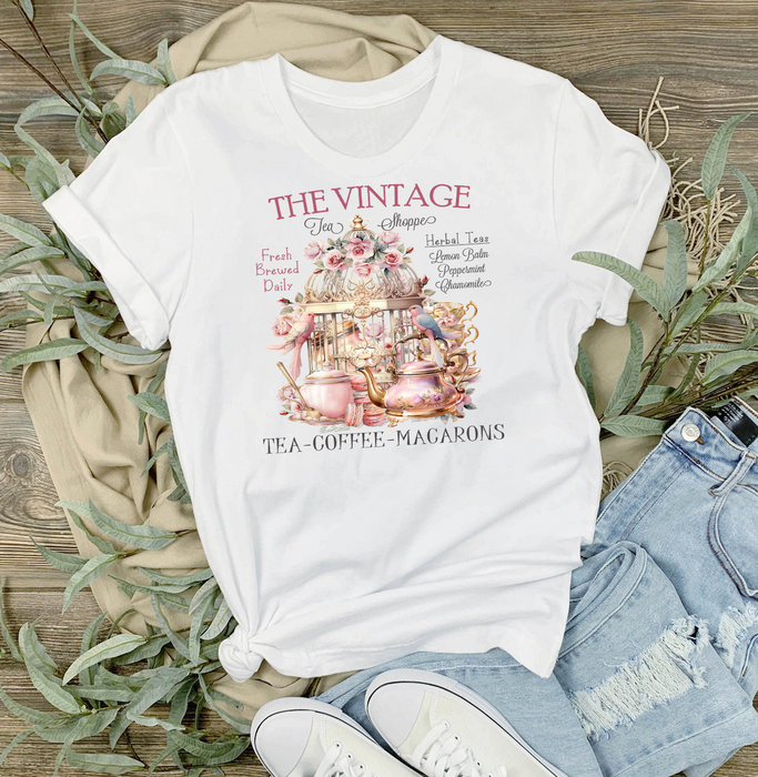 Pink Vintage Tea Shoppe Birds T-Shirt