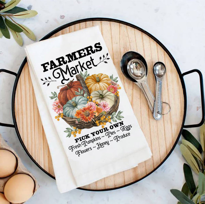 Autumn Fall Farmers Market Pumpins Flour Sack Tea Towel