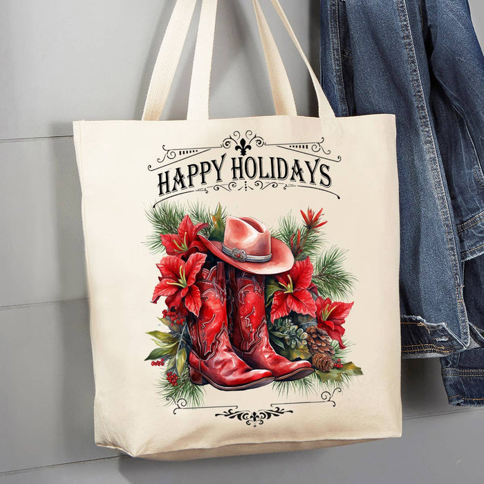 Christmas Red Cowboy Boots Western 12 oz Canvas Tote Bag