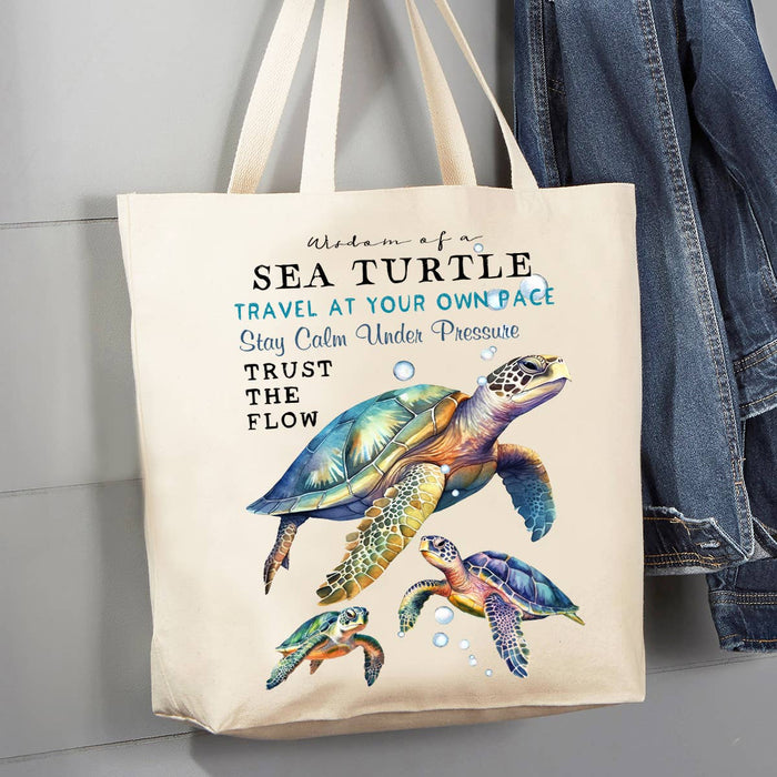 Coastal Sea Turtle Wisdom Ocean Canvas Tote Bag -Large
