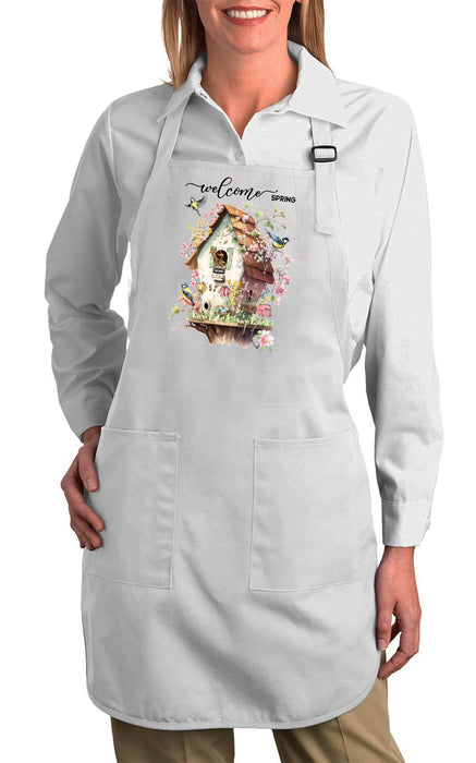 Welcome Spring Bird House Flowers Kitchen Cotton Apron
