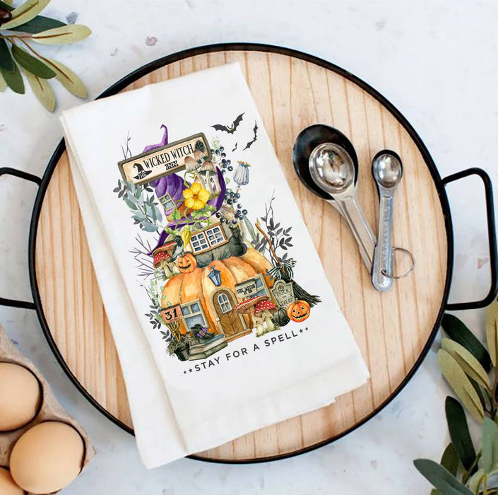 Halloween Wicked witch Pumpkin House Flour Sack Tea Towel