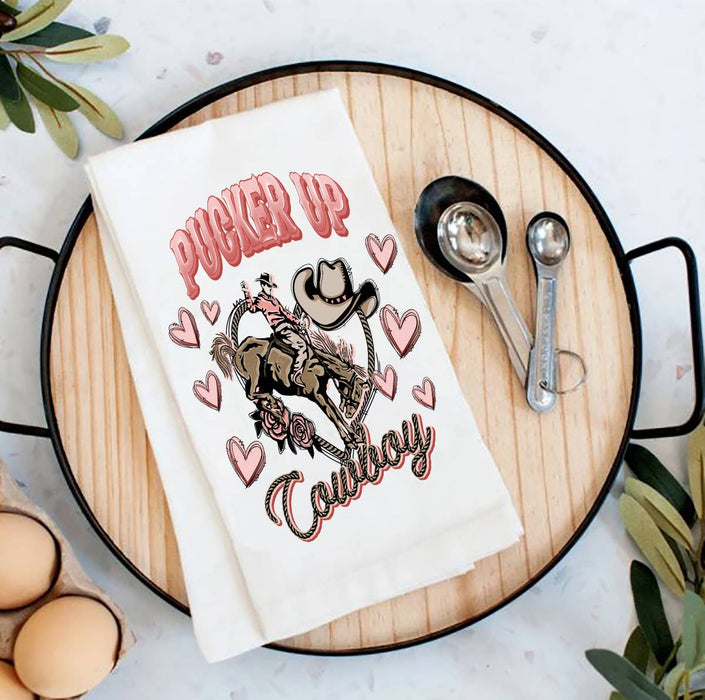 Valentine Pucker Up Cowboy Western Flour Sack Tea Towel