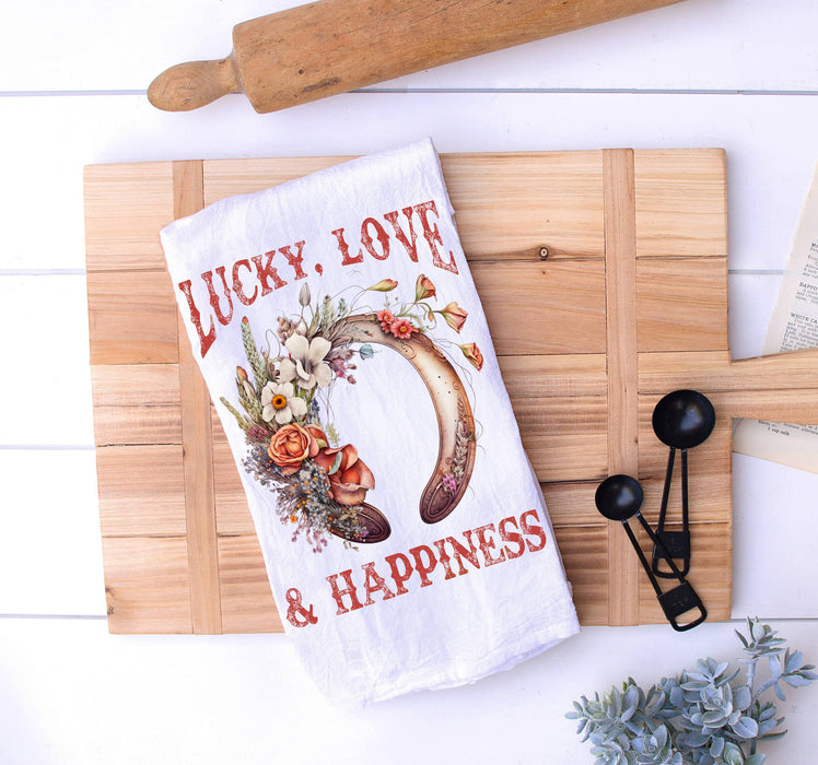 Lucky Love Happiness Horseshoe Western Cotton Tea Towel