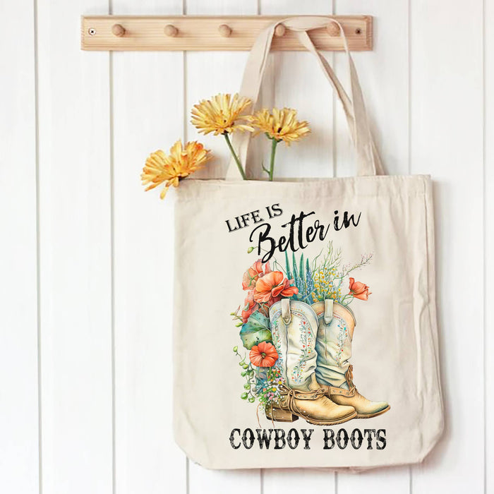 Life is Better In Cowboy Boots Western Canvas Tote Bag