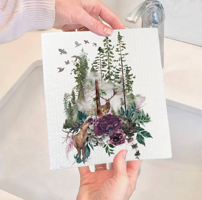 Deer Forest Mountains Wildlife Swedish Dish Cloth