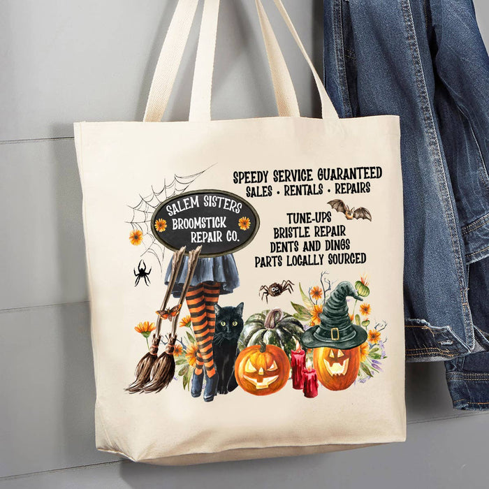 Halloween Salem Sisters Broomsticks 12 oz Canvas Tote Bag