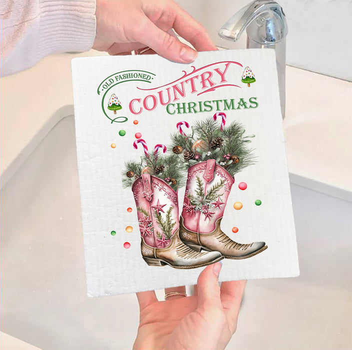Country Christmas Cowboy Boots Western SWEDISH DISH CLOTH