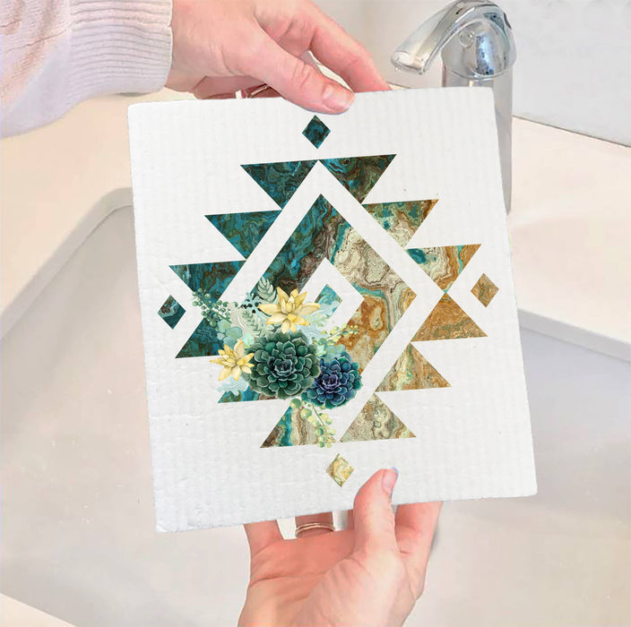 Western Blue Aztec Cactus Southwestern SWEDISH DISH CLOTH