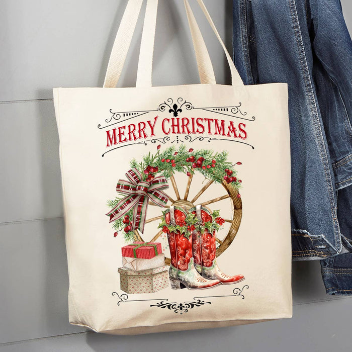 Merry Christmas Red Cowboy Boots Western Canvas Tote Bag