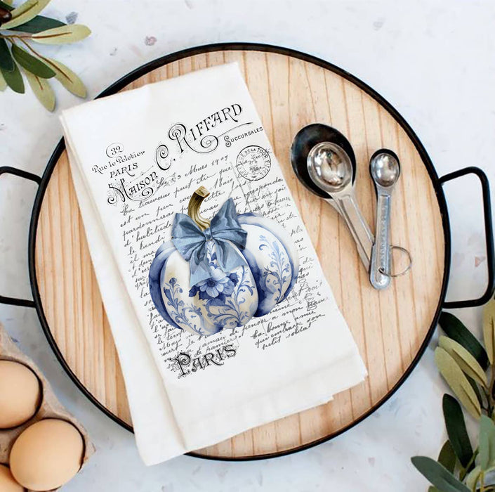 Autumn French Blue White Chinoiserie Pumpkins Tea Towel