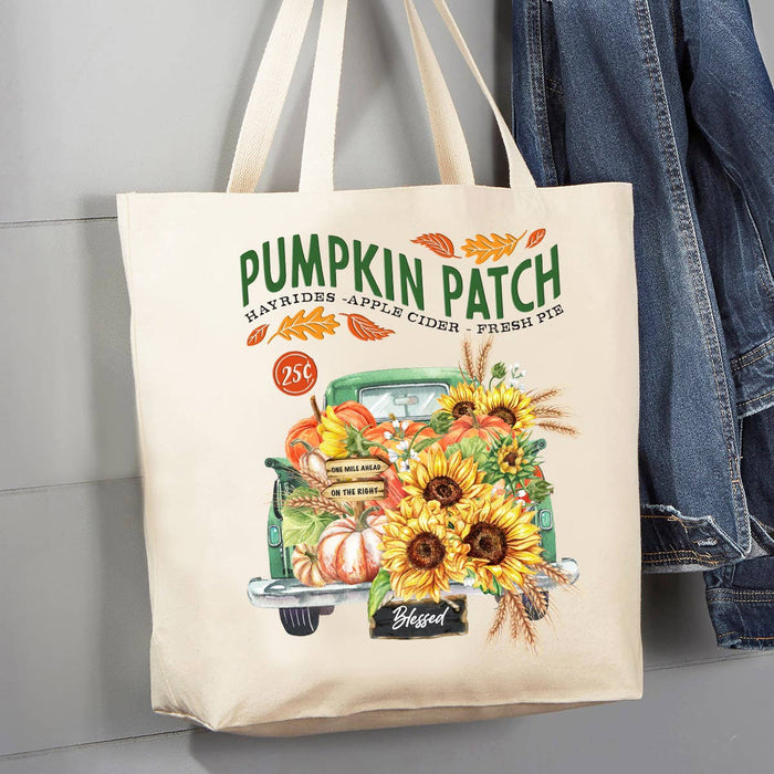Autumn Fall Pumpkin Patch Green Truck 12 oz Canvas Tote Bag