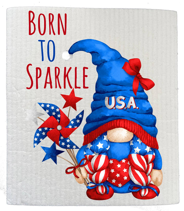 4th of July Gnome Born to Sparkle SWEDISH DISH CLOTH