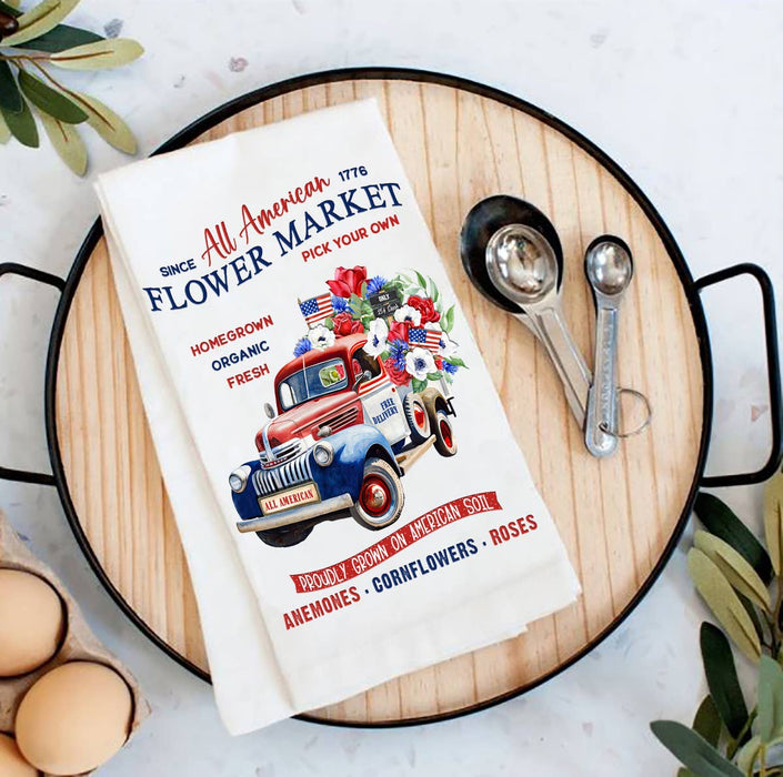 All American Patriotic Flower Truck Cotton Tea Towels