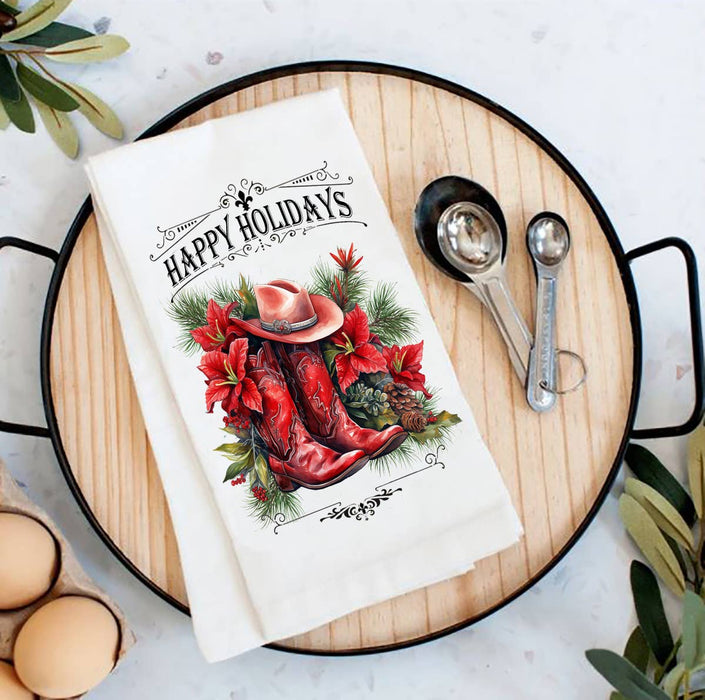 Christmas Red Cowboy Boots Western Flour Sack Tea Towel