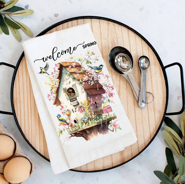 Welcome Spring Bird House Flowers Cotton Tea Towels