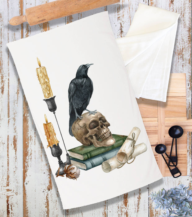 Halloween Black Crow Skull Candles Terry Cloth Towel