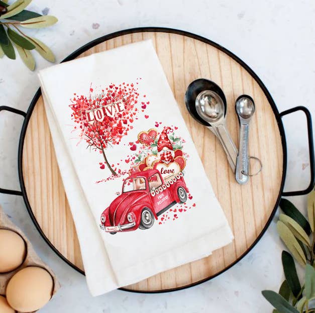 Valentine Gnome Red Truck Hearts Cotton Tea Towels