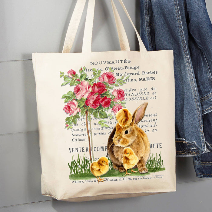 Vintage French Bunny Chicks Roses 12 oz Canvas Tote Bag