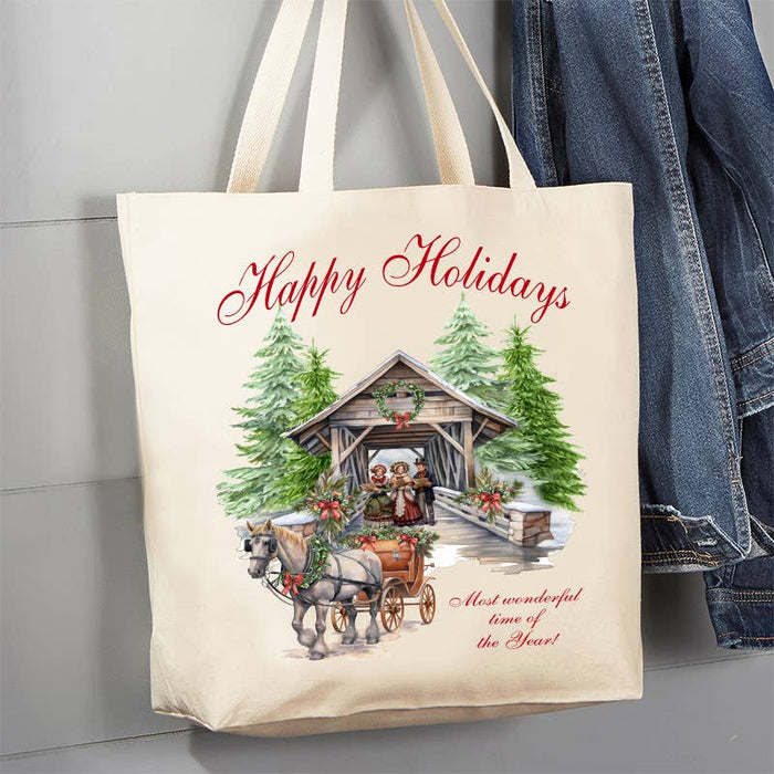 Christmas Cover Bridge Horse Carriage Canvas Tote Bag