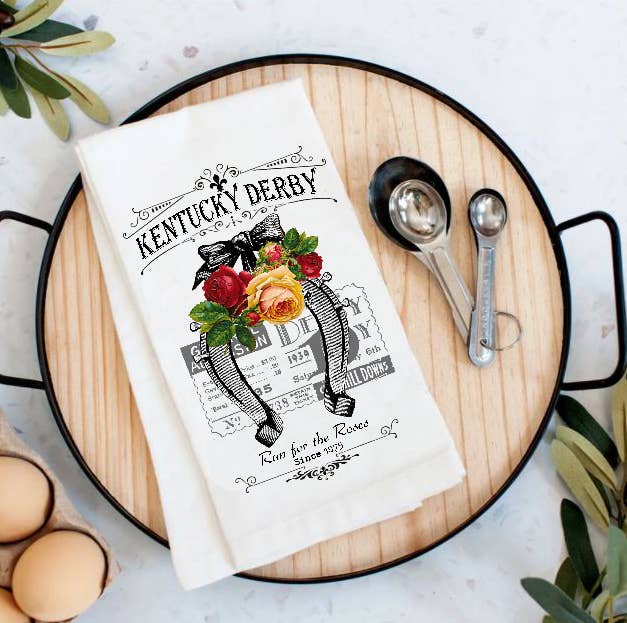 Kentucky Derby Horse Shoe Roses Cotton Tea Towels