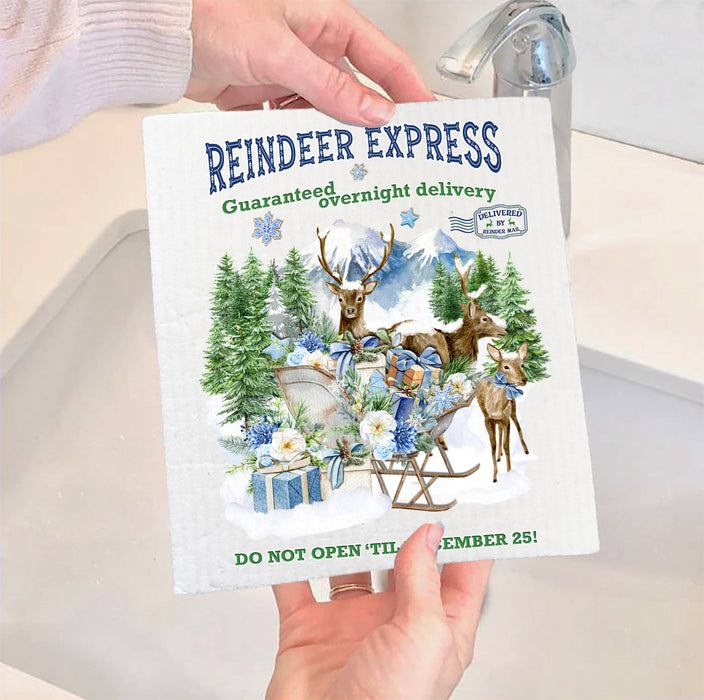 Christmas Blue Reindeer Express SWEDISH DISH CLOTH