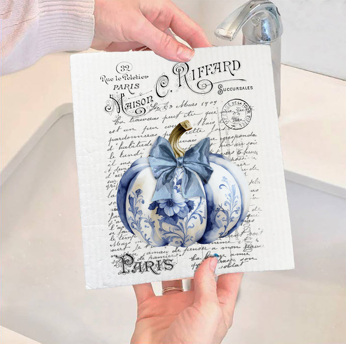 Autumn French Blue White Chinoiserie Pumpkins SWEDISH CLOTH