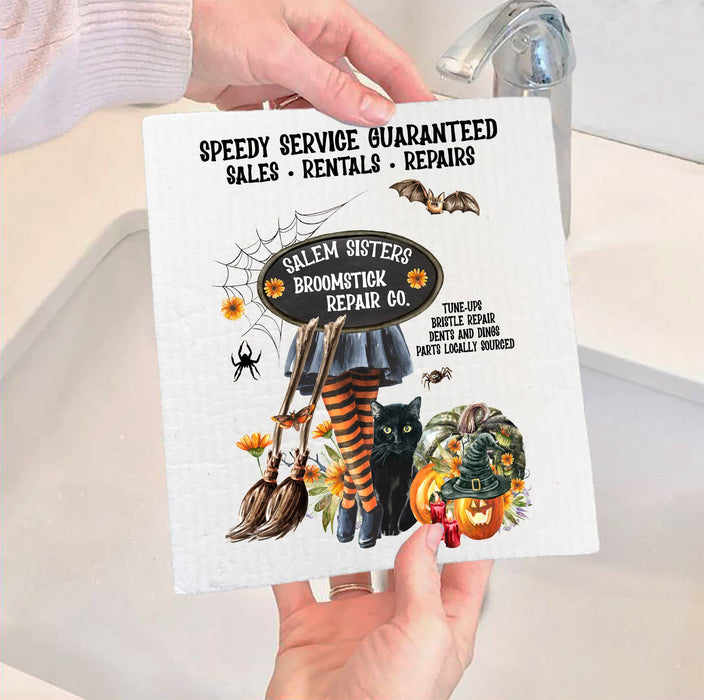 Halloween Salem Sisters Broomsticks SWEDISH DISH CLOTH