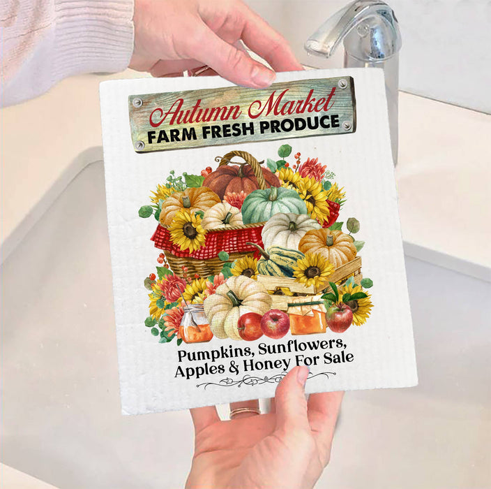 Autumn Fall Market Pumpkins Apples SWEDISH DISH CLOTH