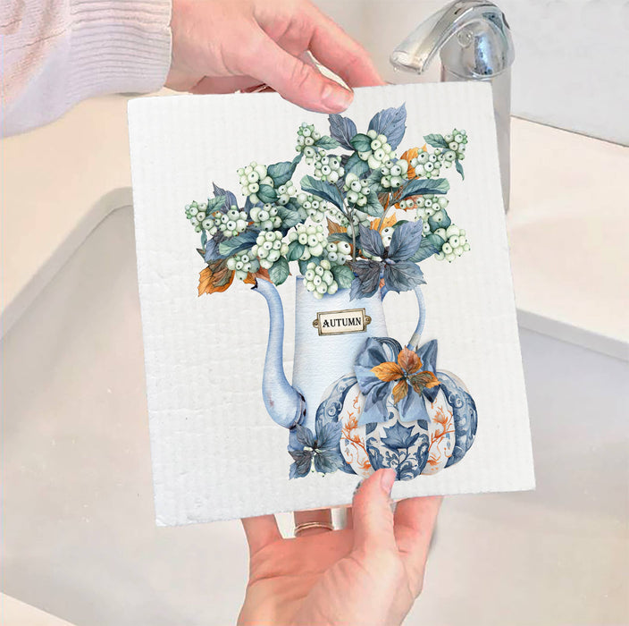 Autumn Blue White Pumpkins Flowers SWEDISH DISH CLOTH