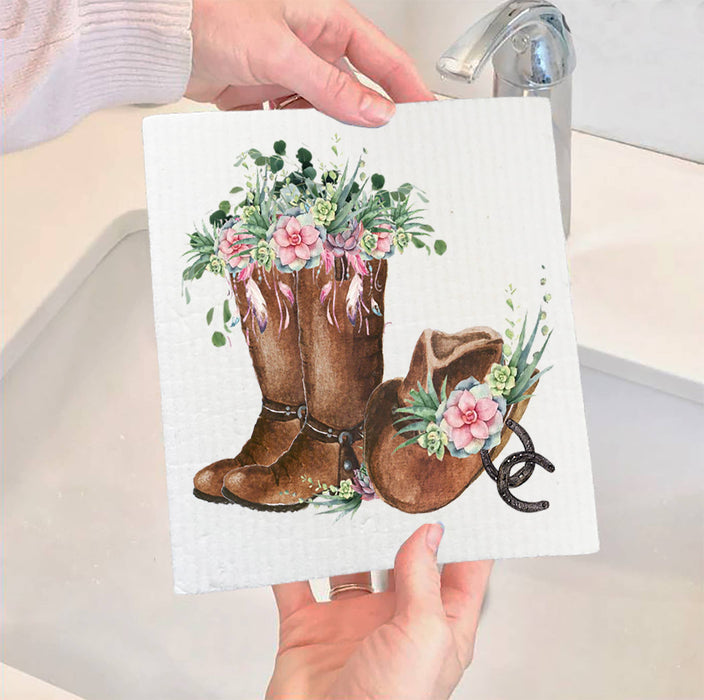 Western Cowboy Boots Flowers Southwestern SWEDISH DISH CLOTH