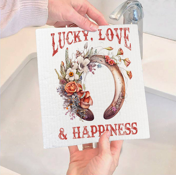Lucky Love Happiness Horseshoe Western SWEDISH DISH CLOTH