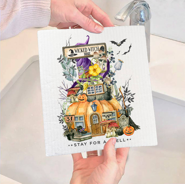 Halloween Wicked witch Pumpkin House SWEDISH DISH CLOTH