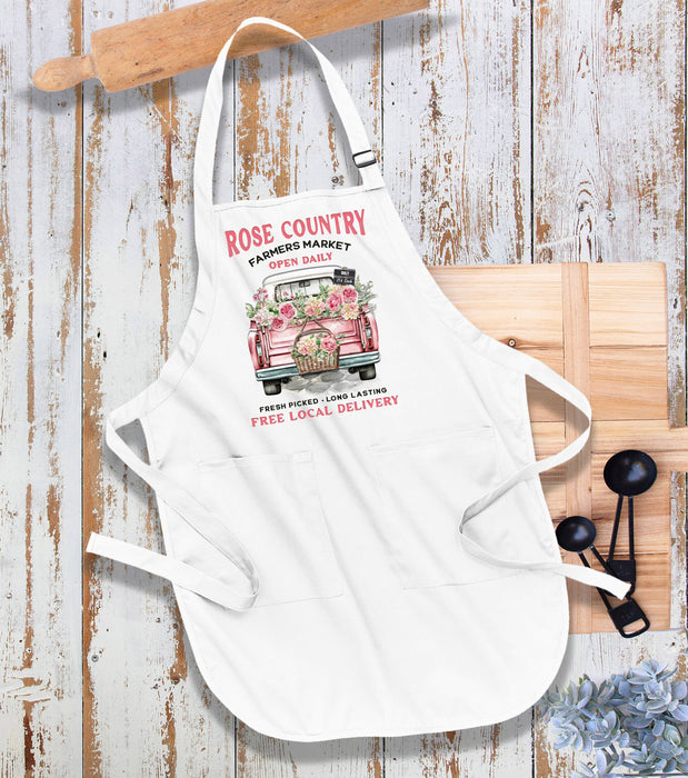 Country Rose Pink Pick Up Truck Kitchen Cotton Apron