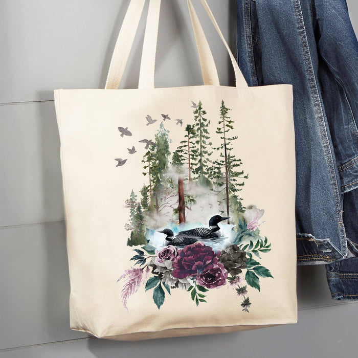 Loons Lake Mountains Wildlife 12 oz Canvas Tote Bag