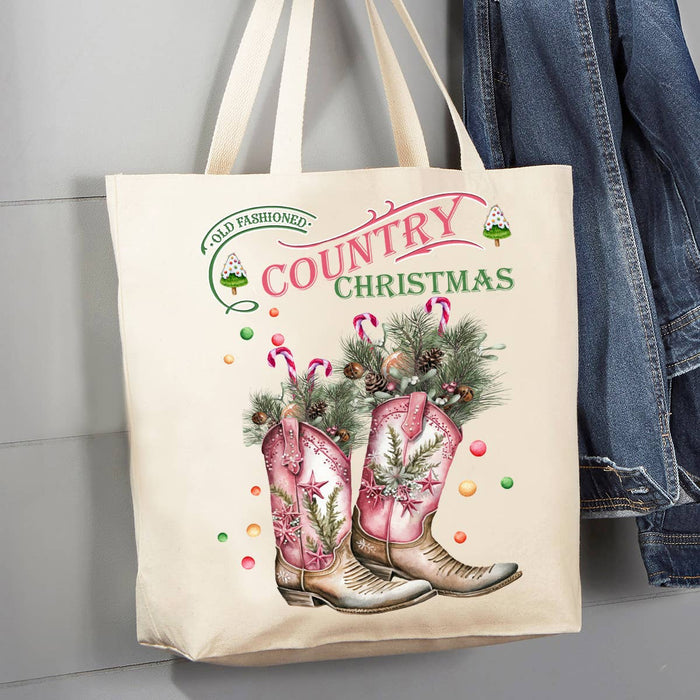 Country Christmas Cowboy Boots Western 12 oz Canvas Tote Bag