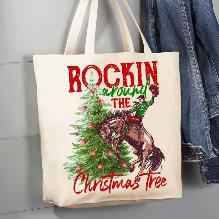Rockin Around Christmas Tree Western 12 oz Canvas Tote Bag